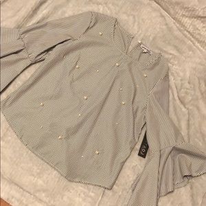 White & gray striped blouse with sleeves. Size- M